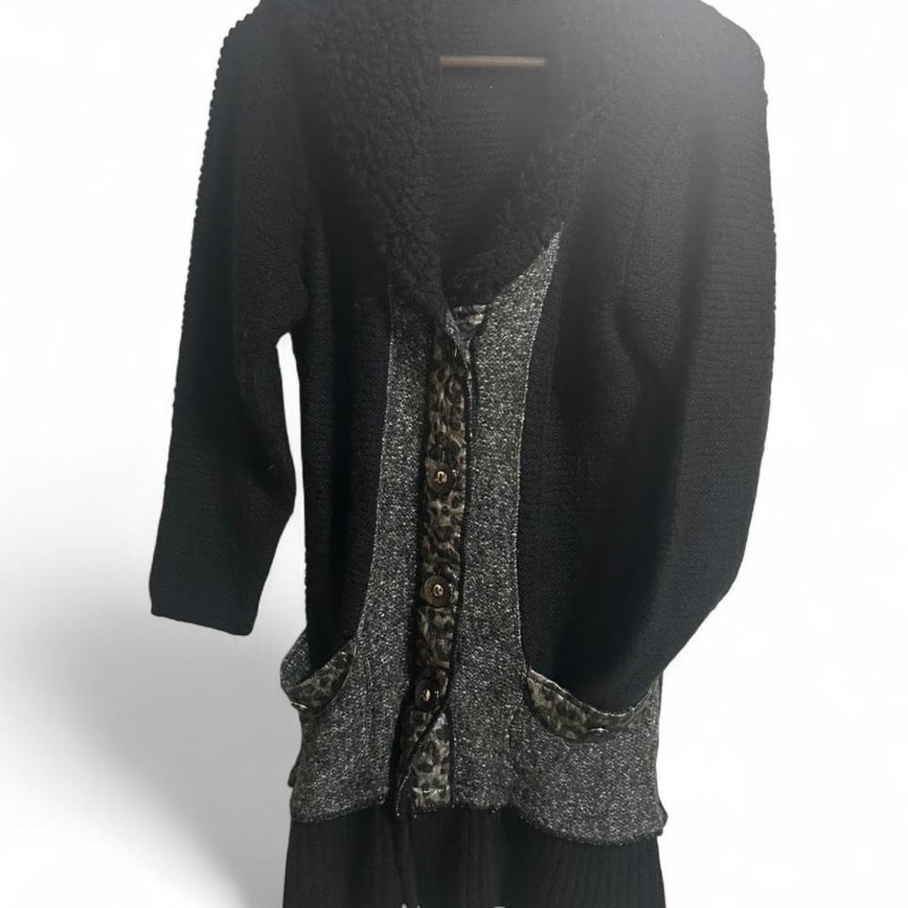 Women's Black and grey long knit‎ sweater with leopard print accents medium